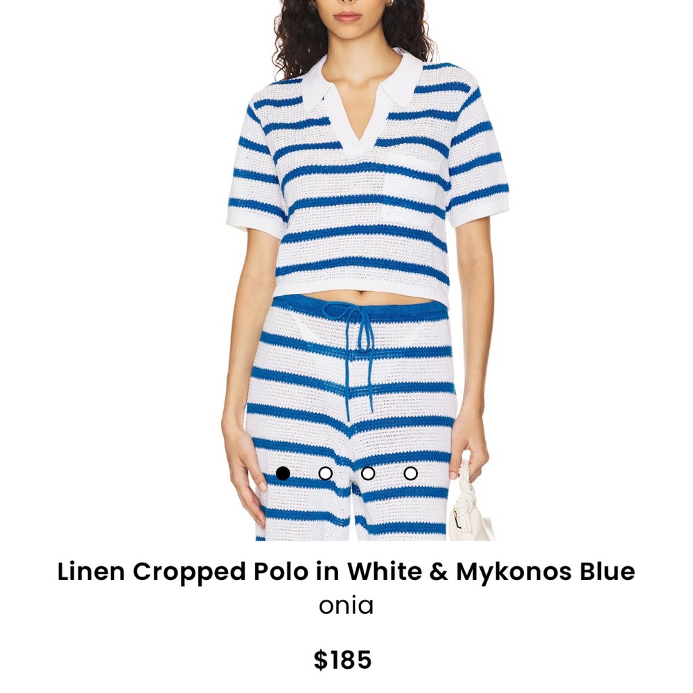 Onia Striped Crochet Knit Linen Crop Polo Mykonos Blue